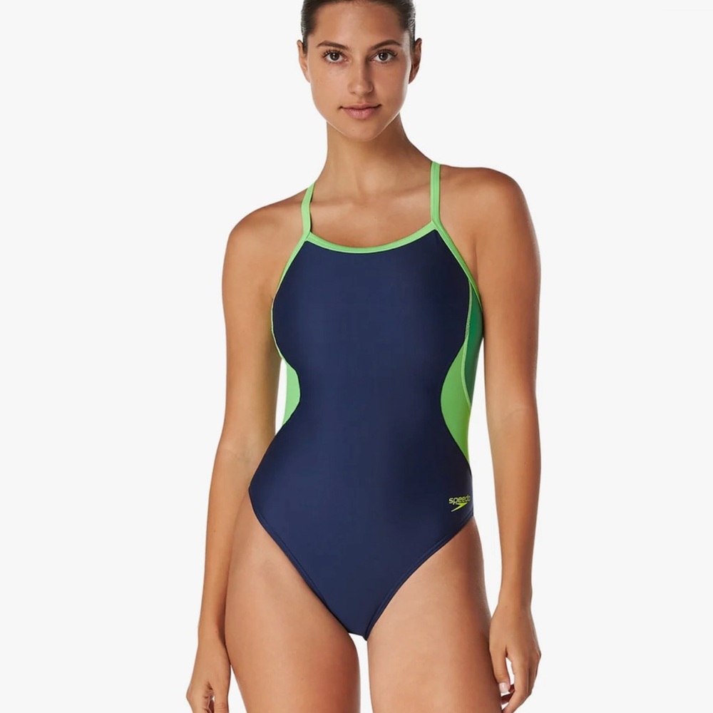 Speedo Women's Eco Splice Flyback One Piece Swimsuit, Navy Bright Green, 34/8